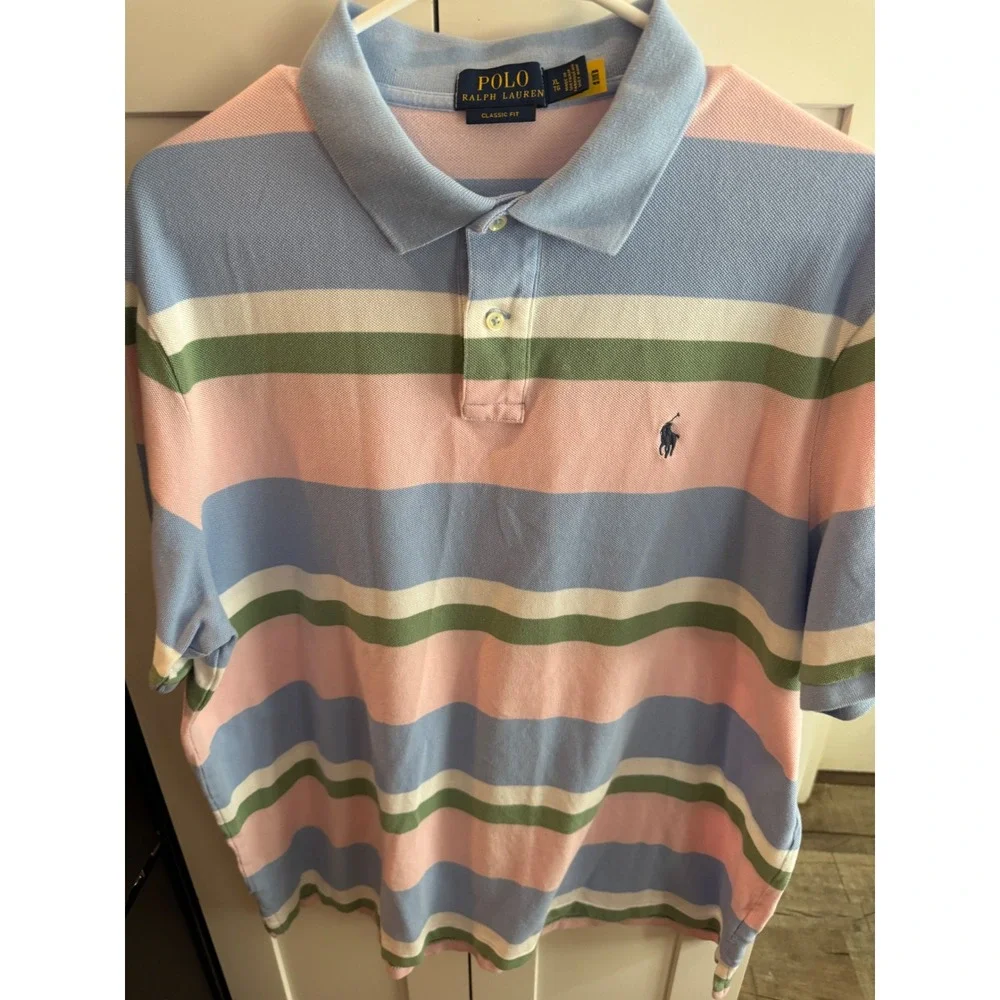 Polo Ralph Lauren Mens XL Classic Fit Striped Polo Shirt Blue Pink Green Cotton